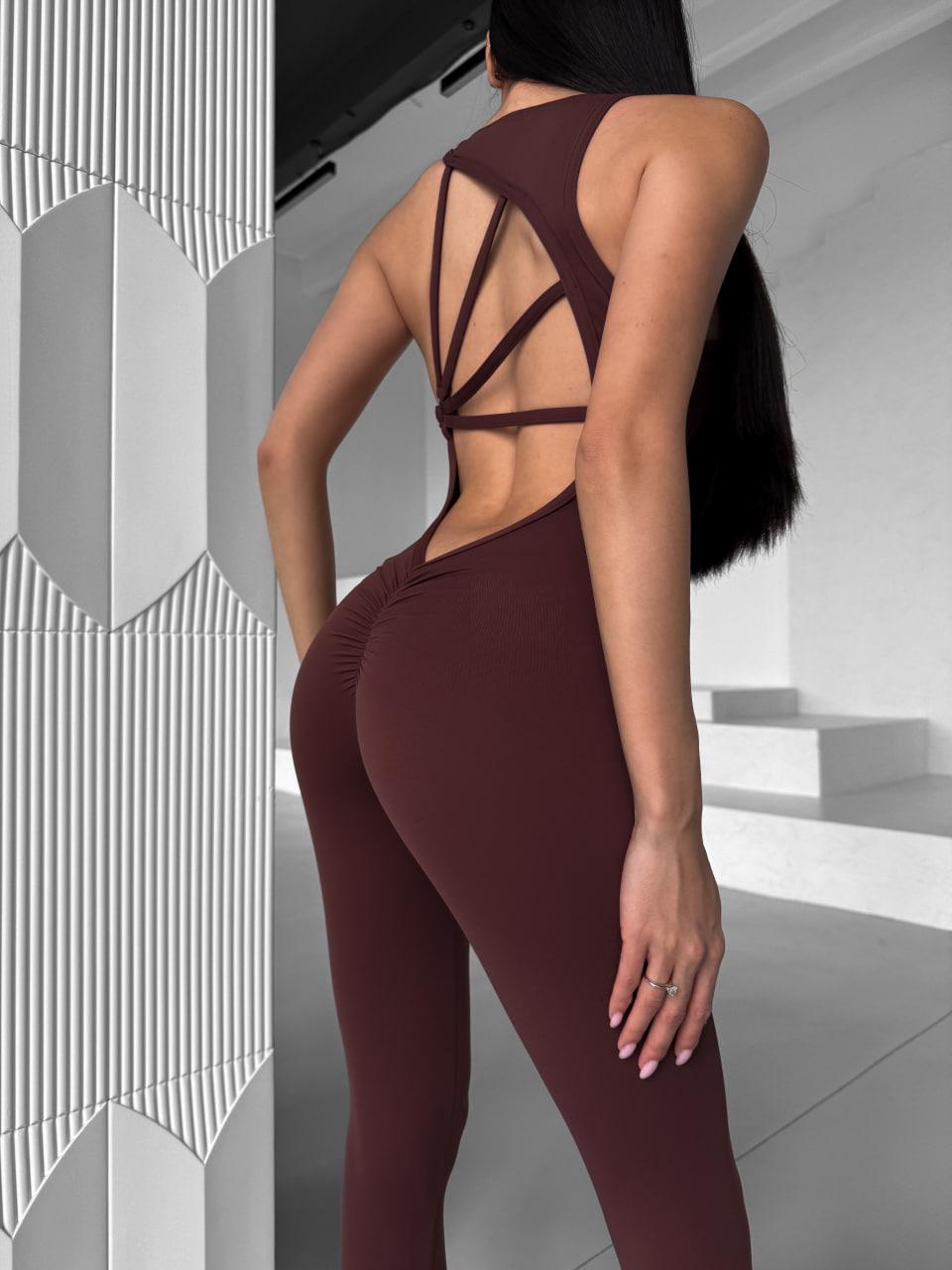 Комбінезон спортивний 4 бретелі довгий з чашками і пуш-ап M Шоколадний (WX05M) - фото 9