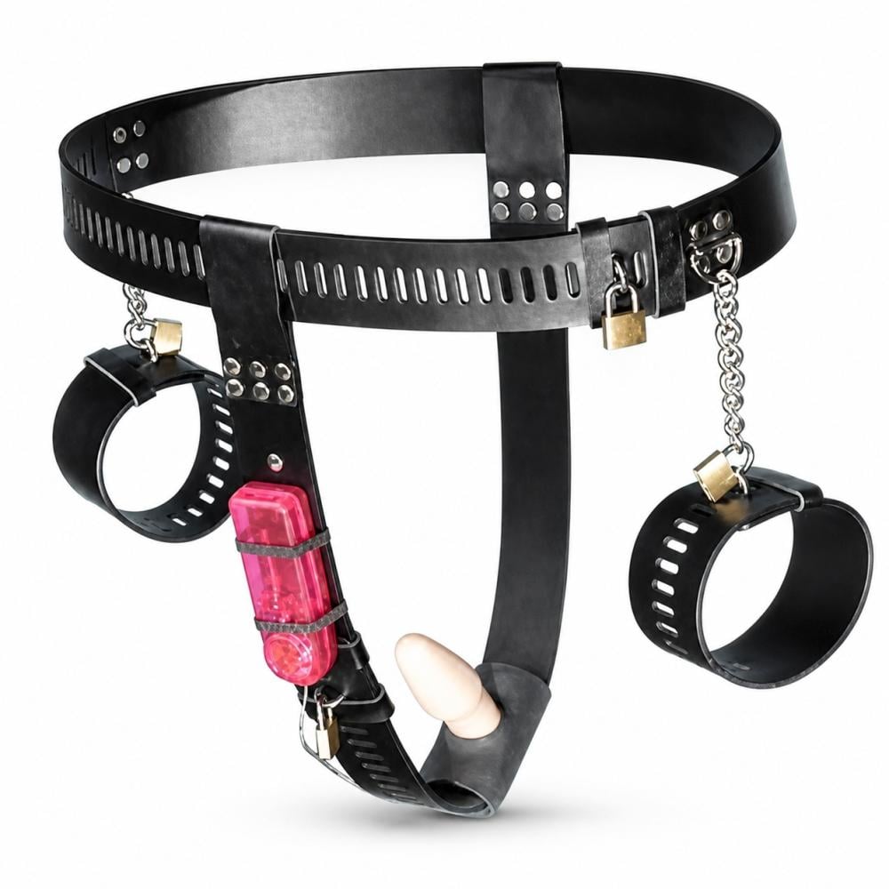 Пояс целомудрия женский Chastity Belt Handcuffs Vibrating Anal Plug Черный (1000014017)