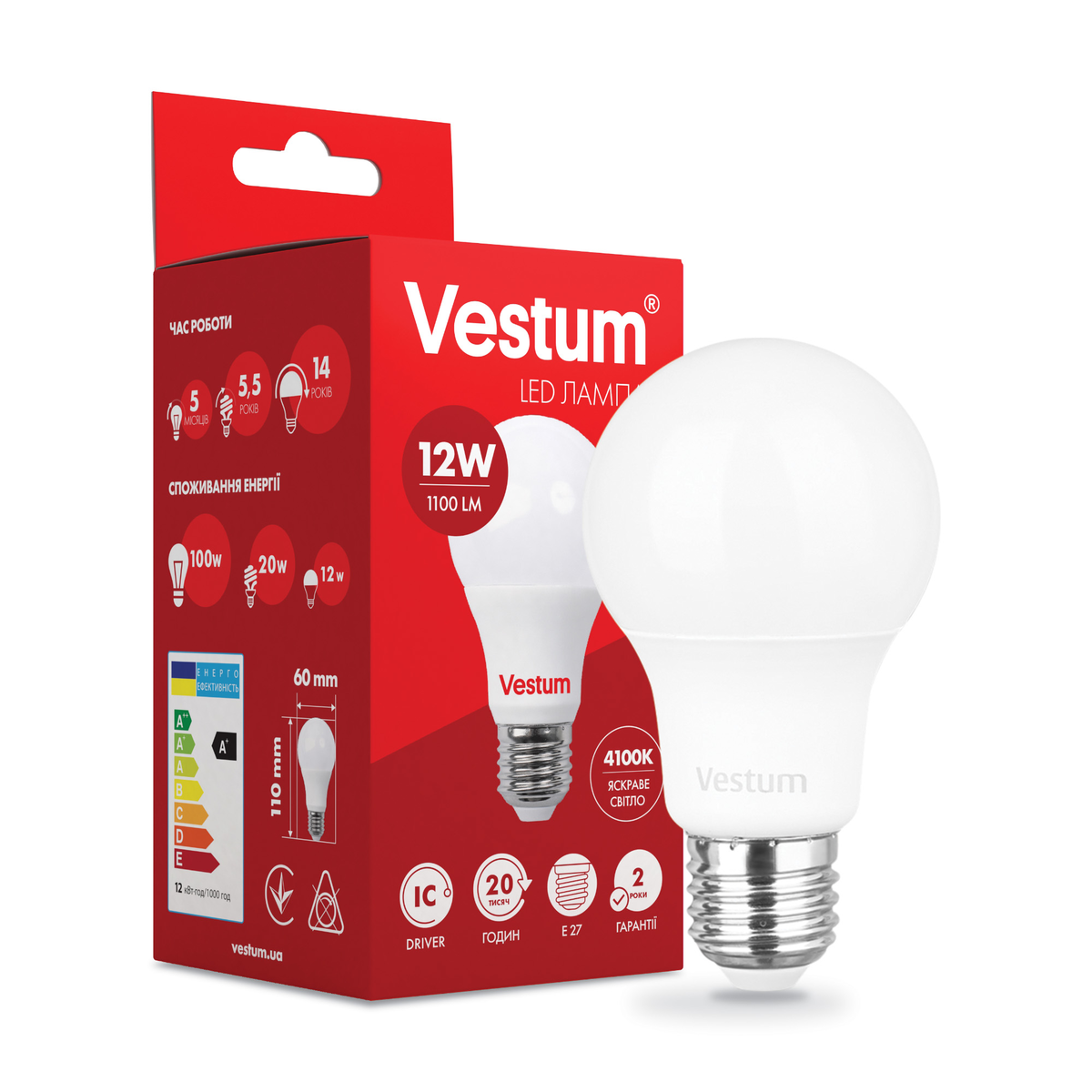 Лампа Vestum світлодіодна A60 12W 4100K 220V E27