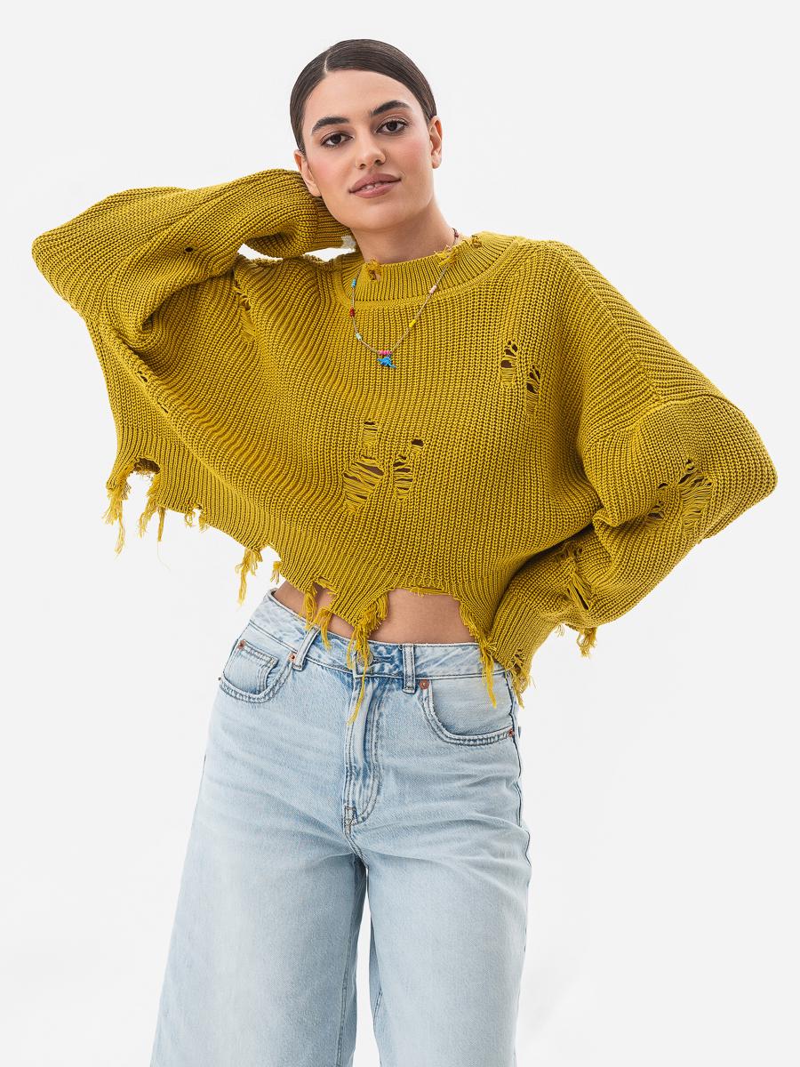 Свитер женский с рваным эффектом SVTR р. 42-50 Горчичный (562) - фото 9