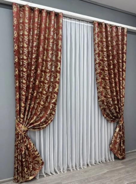 Тканина для штор жакард Завиток 1,45 м Бордовий/Золотистий (1650ш) - фото 3