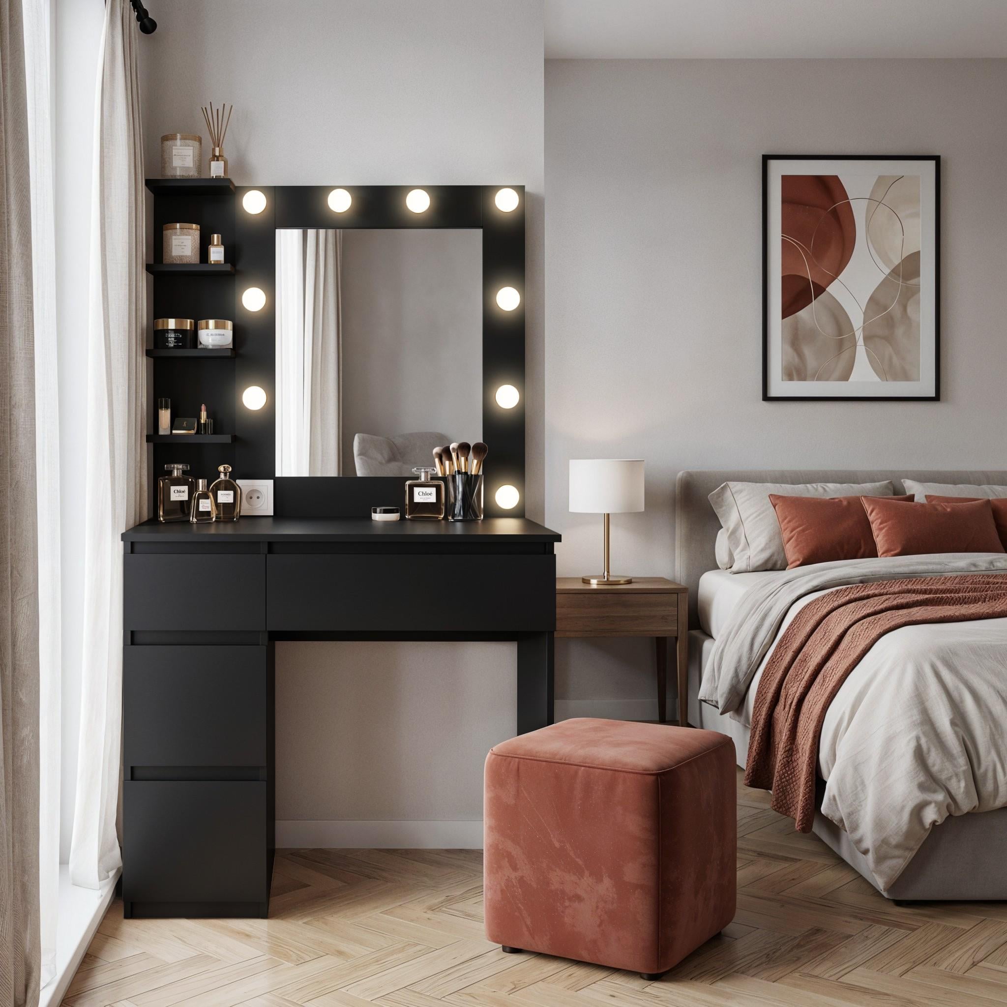 Туалетный столик с лампочками STPP4 900x500x1600 мм Черный