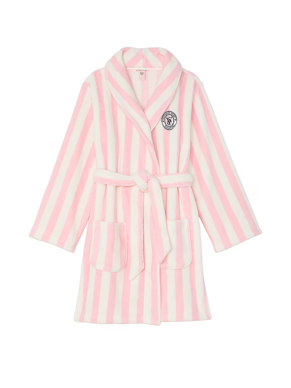 Халат жіночий Victoria's Secret Short Cozy Robe плюшевий в смужку XS/S Білий/Рожевий (21379473) - фото 3