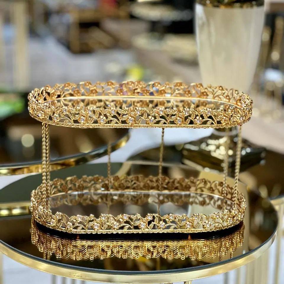 Блюдо металеве ручної роботи 2 ярусне на ніжках 31х14 см золото (S65A) - фото 2