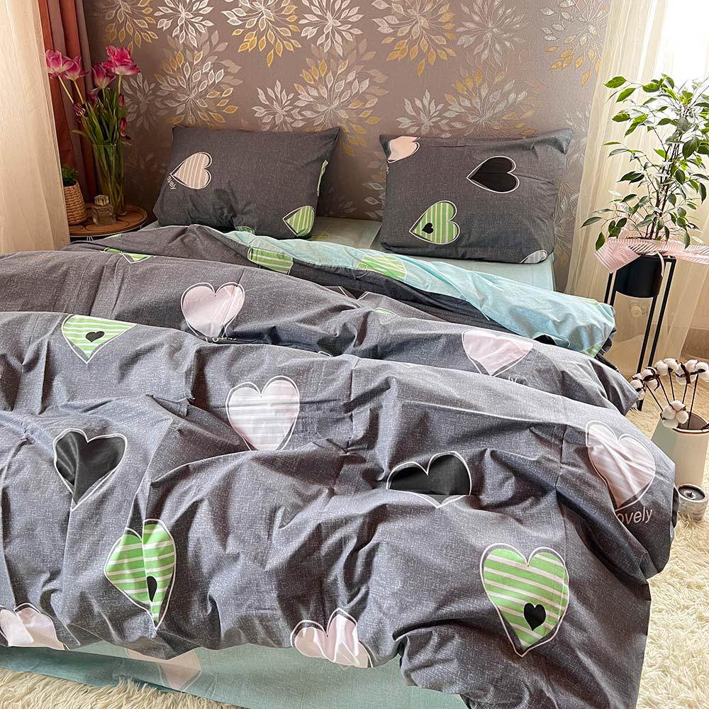 Комплект постельного белья Сердца хлопковый двуспальный 180x220/70х70 см Серый (19140921)