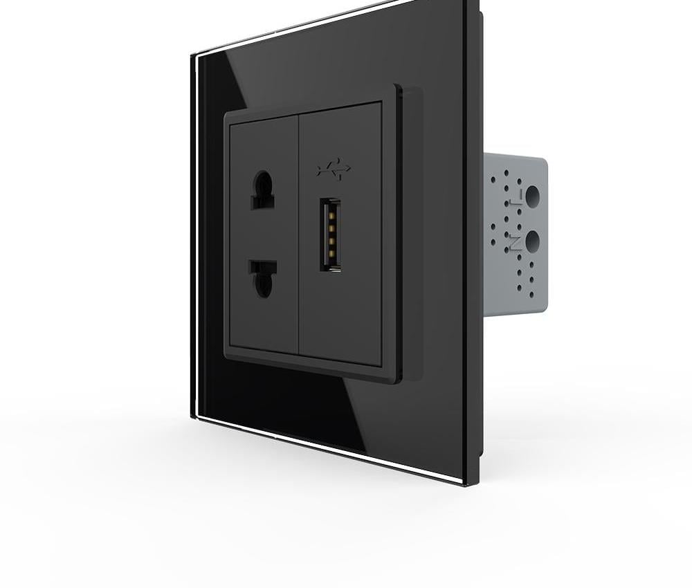 Розетка універсальна LIVOLO з USB-портом LIVOLO настінна дизайнерська скляна рамка Чорний (VL-C7FCT25/FCUA-2BP)