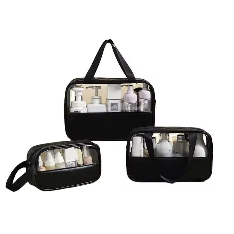 Набор косметичек женских для ванных принадлежностей 3 шт. Черный/Прозрачный