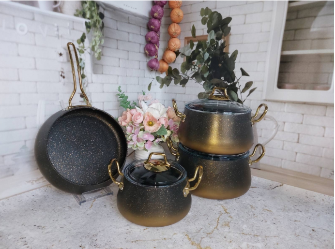 Набір посуду зі сковорідкою OMS з антипригарним покриттям для індукціі 7 предметів Золотий (3041-gold) - фото 2 Набір посуду зі сковорідкою OMS з антипригарним покриттям для індукціі 7 предметів Золотий (3041-gold) - фото 2