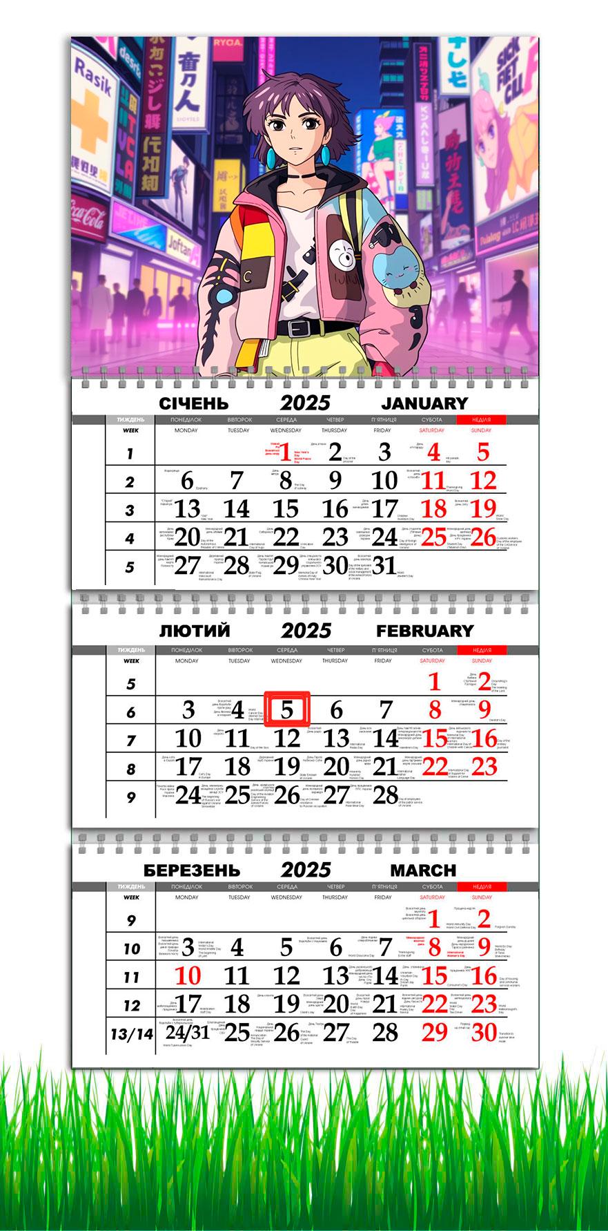 Календарь настенный квартальный на 2025 год APRIORI Аниме на 3 пружины 30х61 см (UA3051)