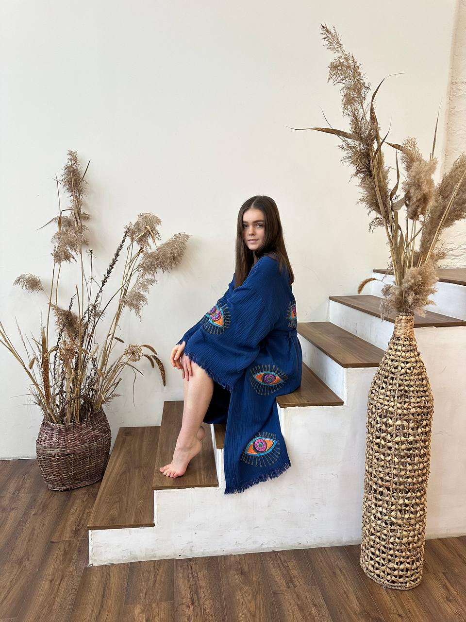 Халат-кимоно женский one size Синий - фото 4 Халат-кимоно женский one size Синий - фото 4