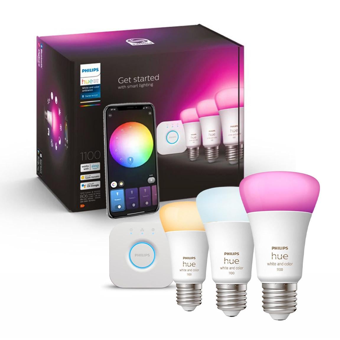 Стартовий комплект Philips Hue E27 White and Color 1100лм 75Вт 3 шт. + Блок керування Philips Hue Bridge, Apple HomeKit