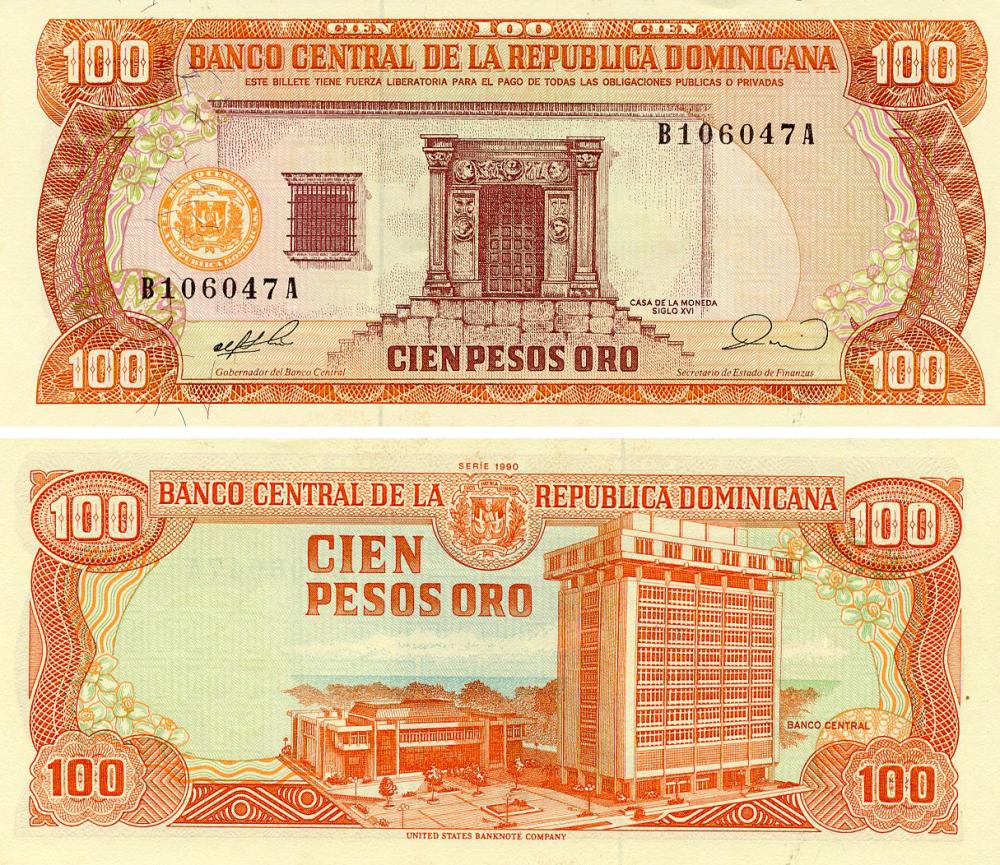 Колекційна банкнота Домінікана 100 песо 1990 UNC (P128b)
