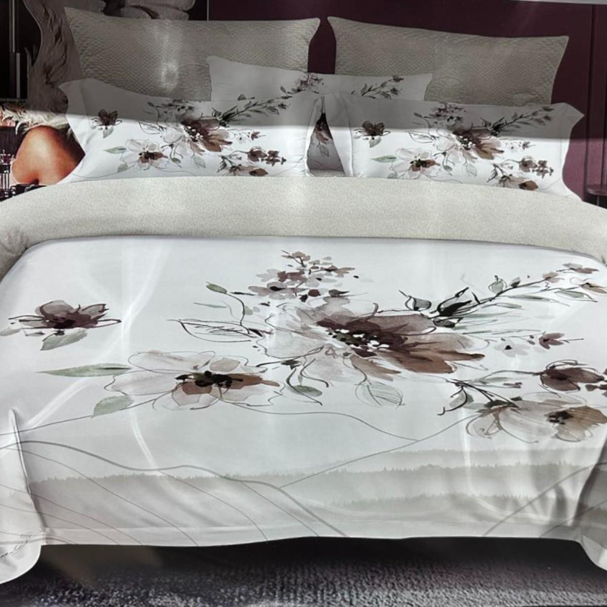 Комплект постельного белья Koloco хлопок цветы евро Коричневый (42560)