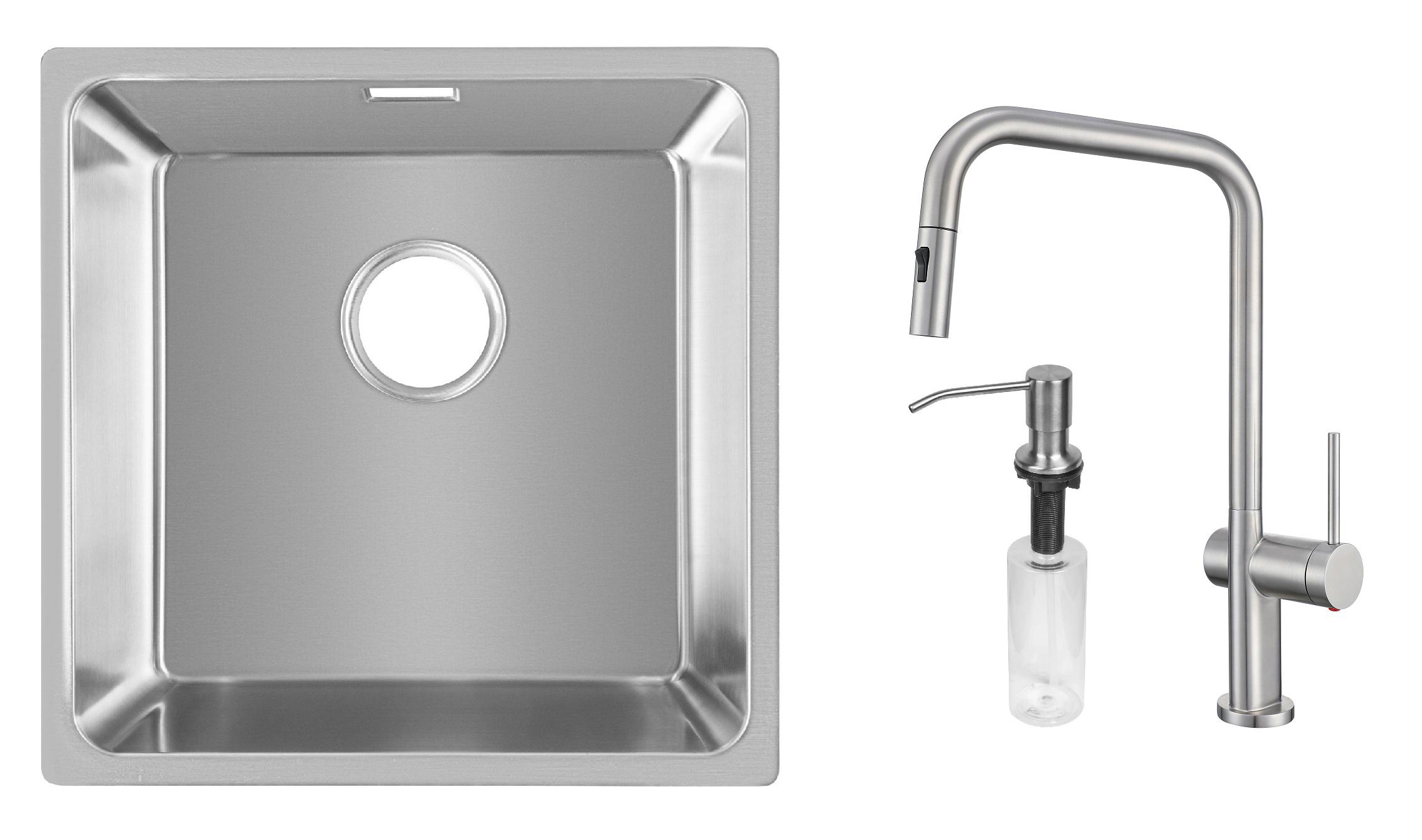 Комплект из кухонной мойки Gunter&Hauer Felda 4420 IX кухонного смесителя Gunter&Hauer BRUNNEN Br и дозатора Gunter&Hauer SOAP DISPENSER Inox