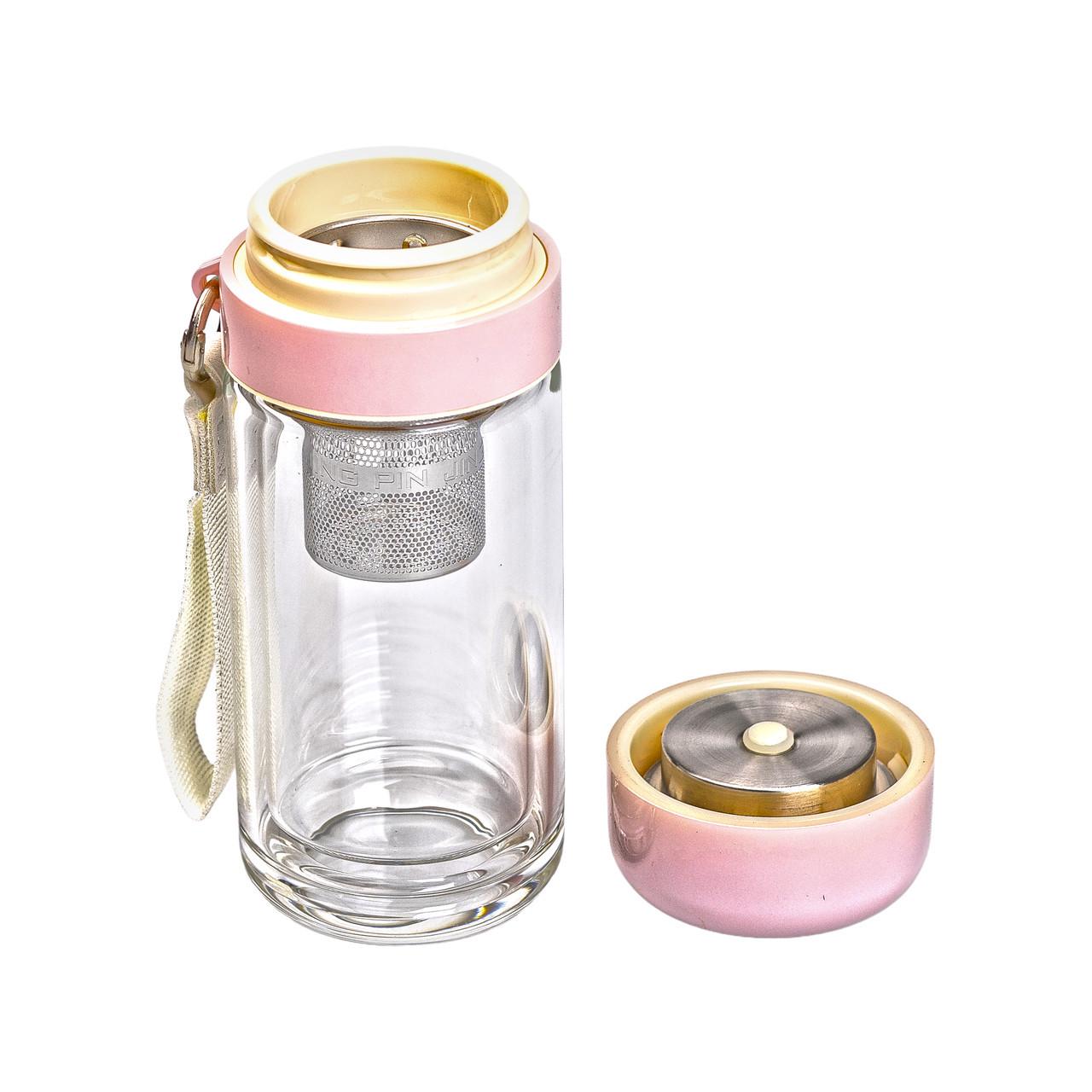 Термос стеклянный Hexagram с двойными стенками и заварником 240 мл Розовый (2431236546) - фото 2