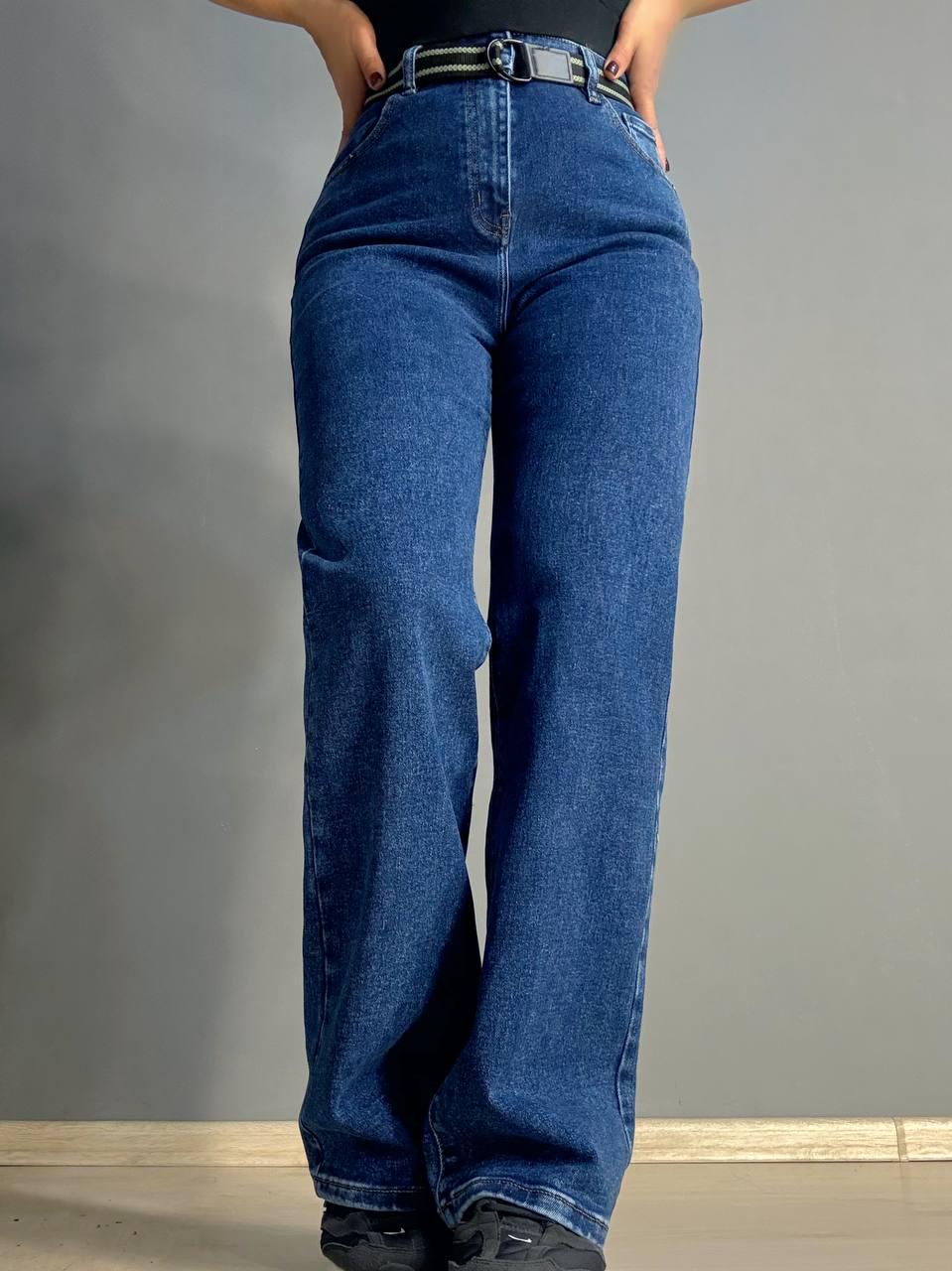 Джинсы женские Derun 8200 палаццо ровная талия на резинке с ремнем р. 32 Синий (4829)