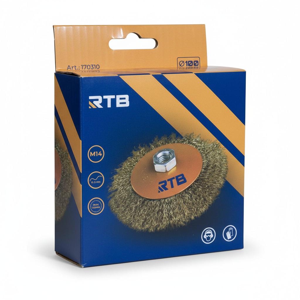 Щетка крацовка коническая RTB для УШМ рифленая латунированная проволока 100 мм (170310)