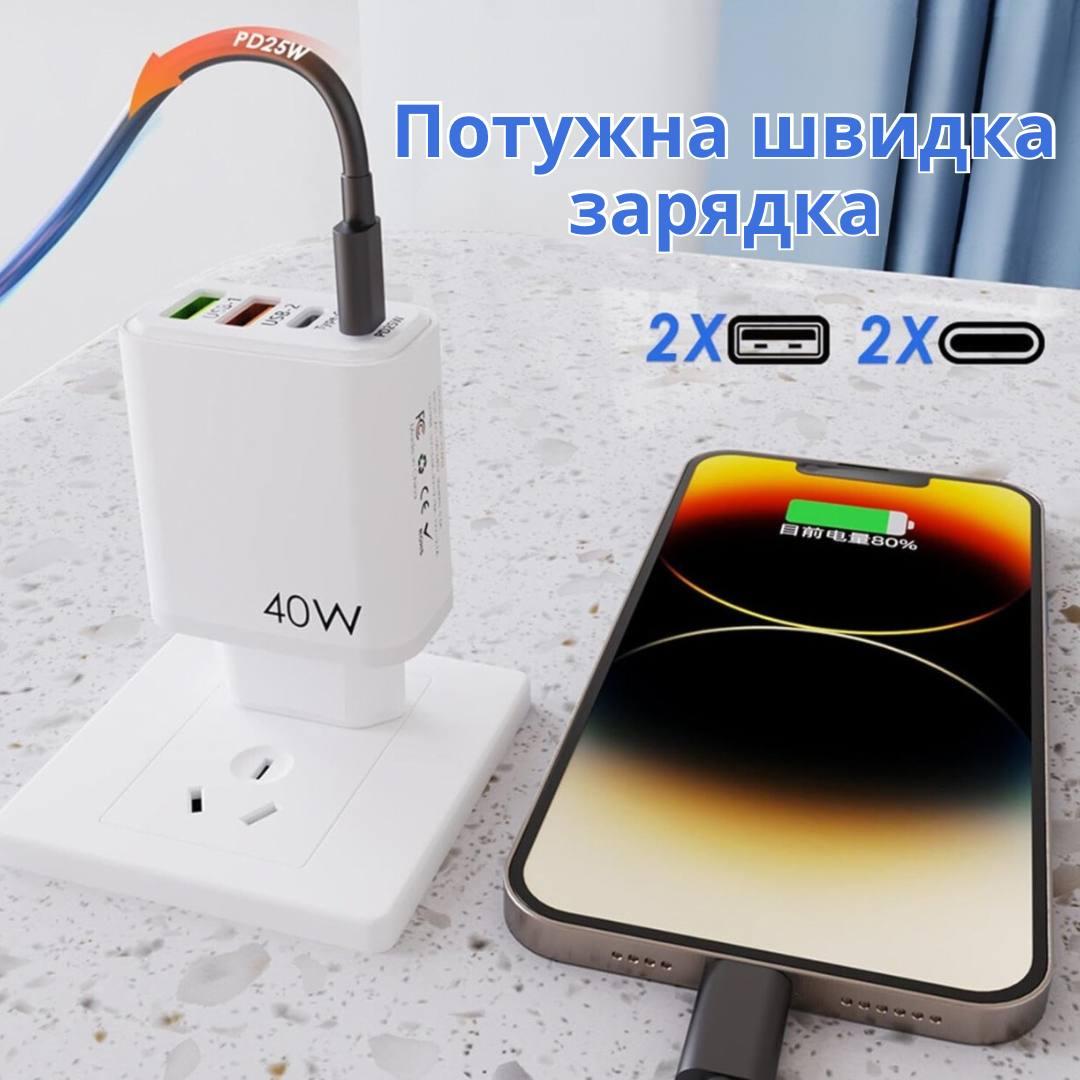 Зарядний пристрій мережевий Bodasan PD 40W USB-2 Type-C PD25W адаптер швидкого заряджання (I2040) - фото 3