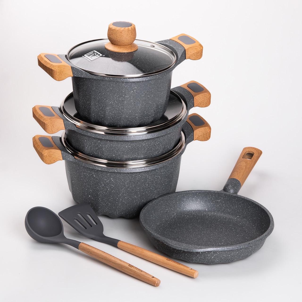 Набор посуды MGC кастрюли 3 шт./лопатка/половник Серый - фото 1 Набор посуды MGC кастрюли 3 шт./лопатка/половник Серый - фото 1