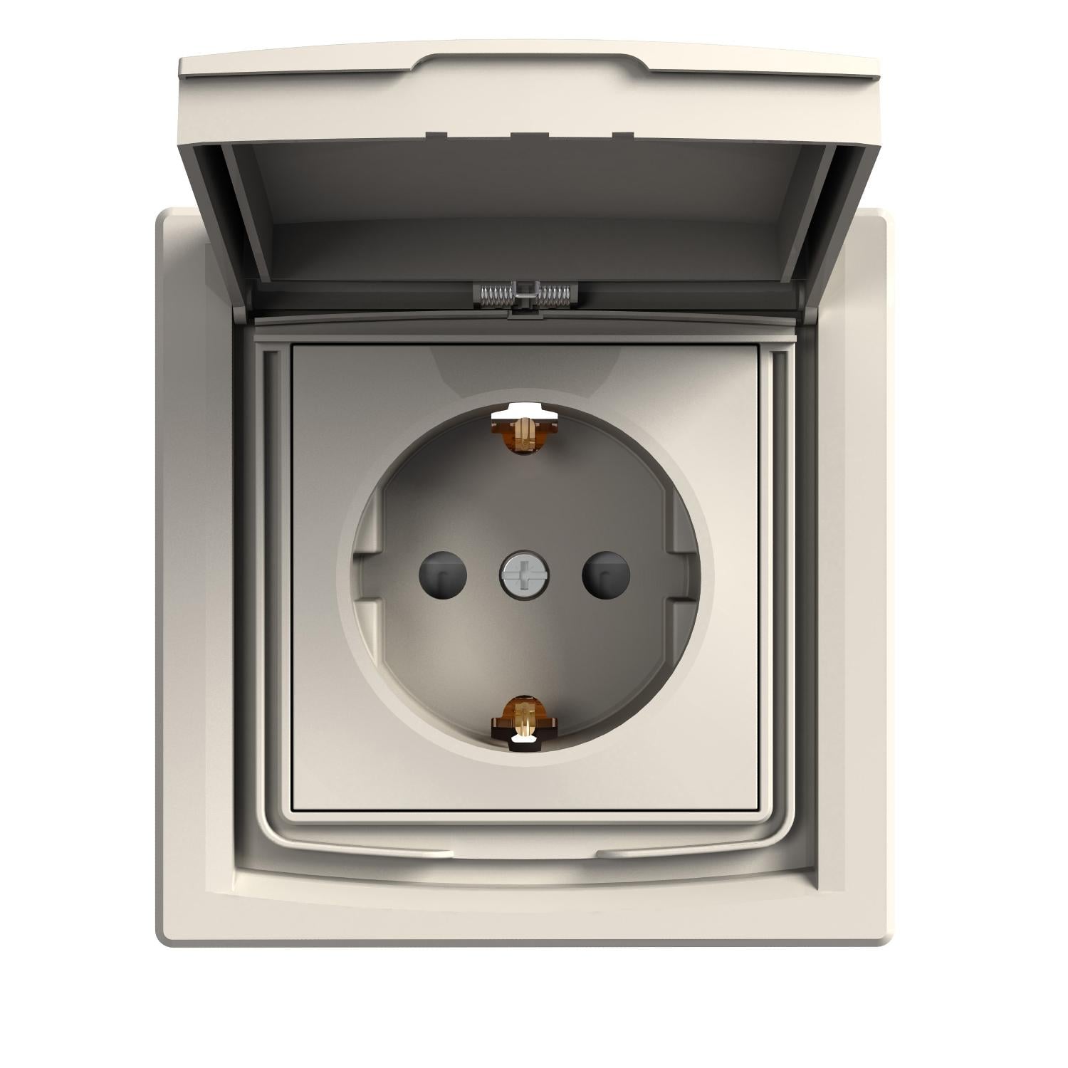 Розетка Schneider Electric Asfora с крышкой с заземлением с защитными шторками IP44 Кремовой (EPH3100323)
