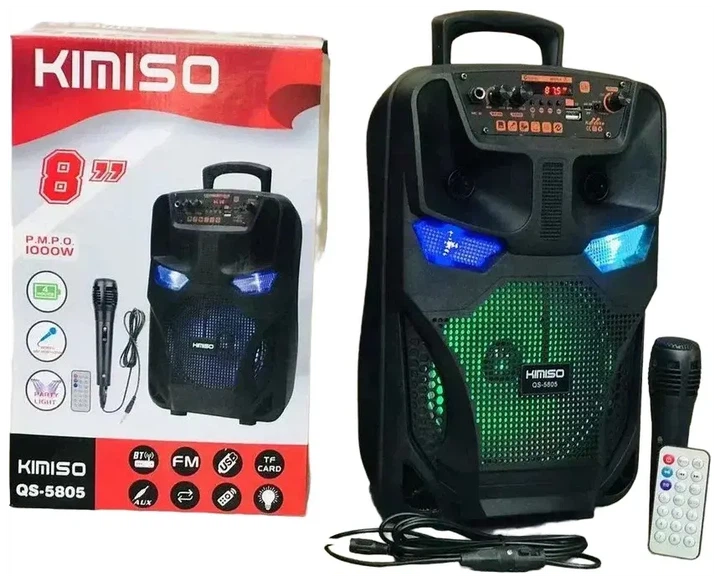 Портативная колонка Bluetooth Kimiso QS-5805 USB/BT/FM с микрофоном/пультом ДК и радиоприемником 24,3x21,8x38,4 см до 10 м (opt-13605)