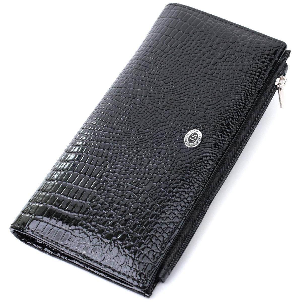 Кошелек женский ST Leather 22716 лакированный с тиснением под рептилию из натуральной кожи Черный (168-136-22716)
