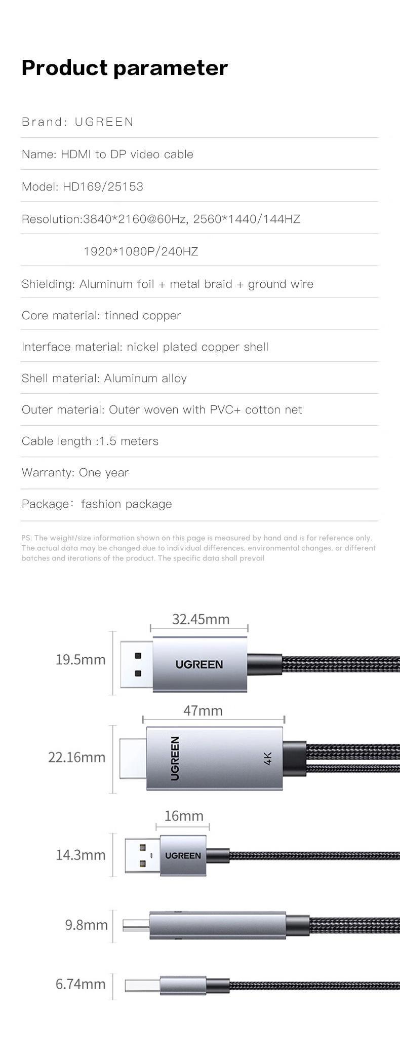 Кабель UGREEN HDMI для DisplayPort 4K 60Hz/1080P 240Hz однонаправленный HDMI>DP С питанием USB HDR FreeSync G-Sync 1,5 м Черный (25153) - фото 10