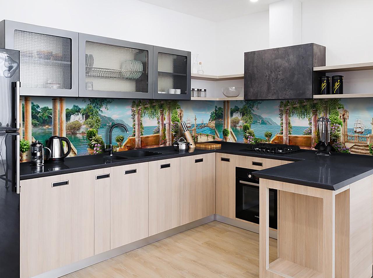 Кухонный фартук Морской вид и колонны из самоклеющейся виниловой пленки 60х250 см Голубой