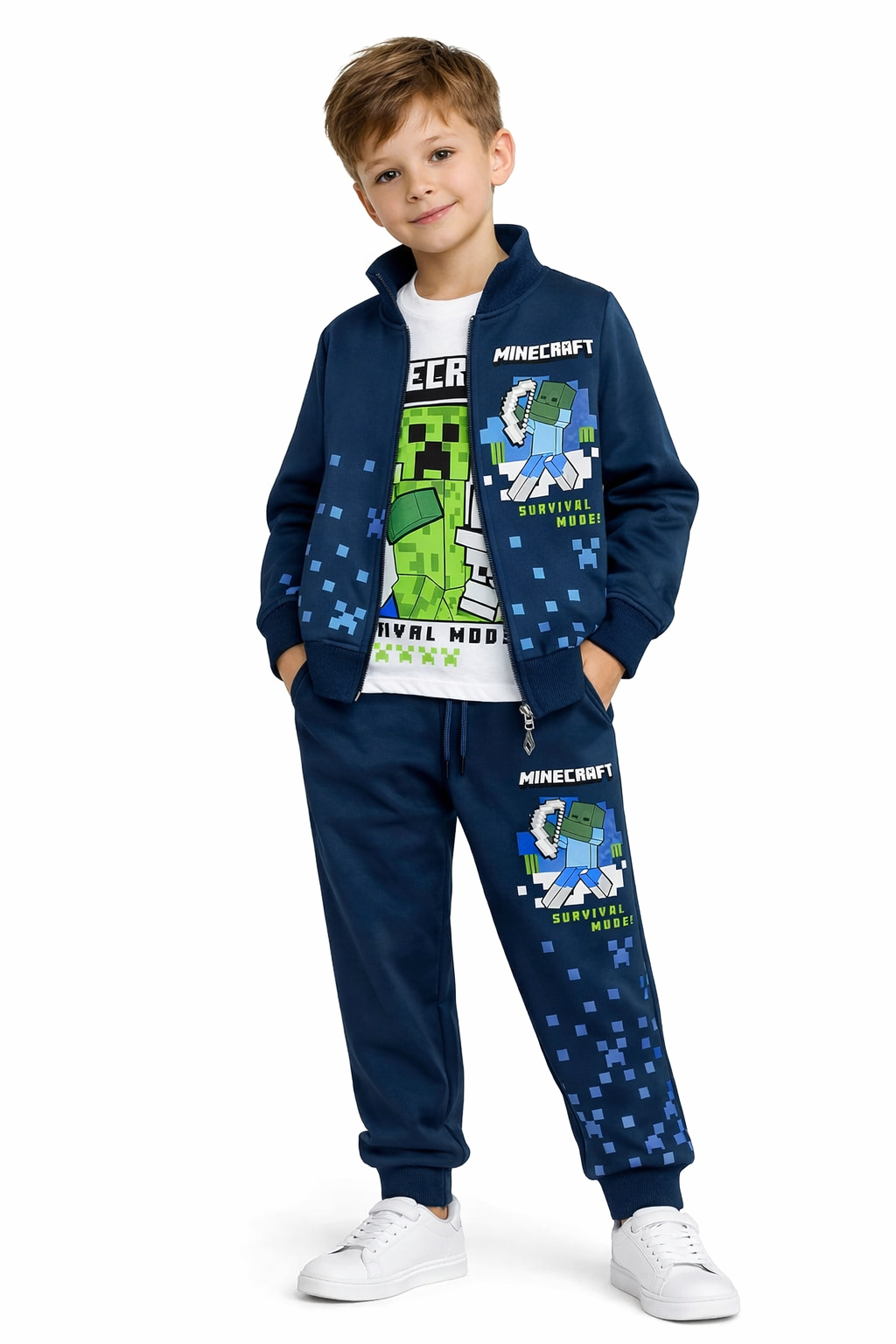 Костюм підлітковий трійка в стилі Майнкрафт кофта на блискавці/футболка/штани 104 см Синій (32647373)