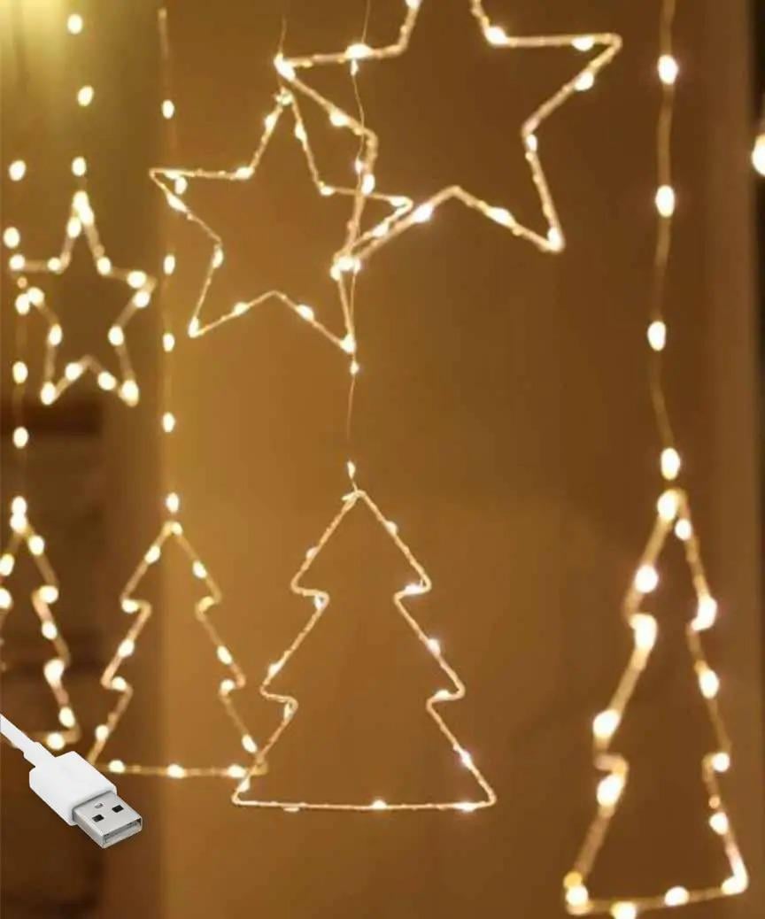 Гирлянда штора роса Елочки Звезды от USB 3x1 м 10 фигурок 8 режимов
