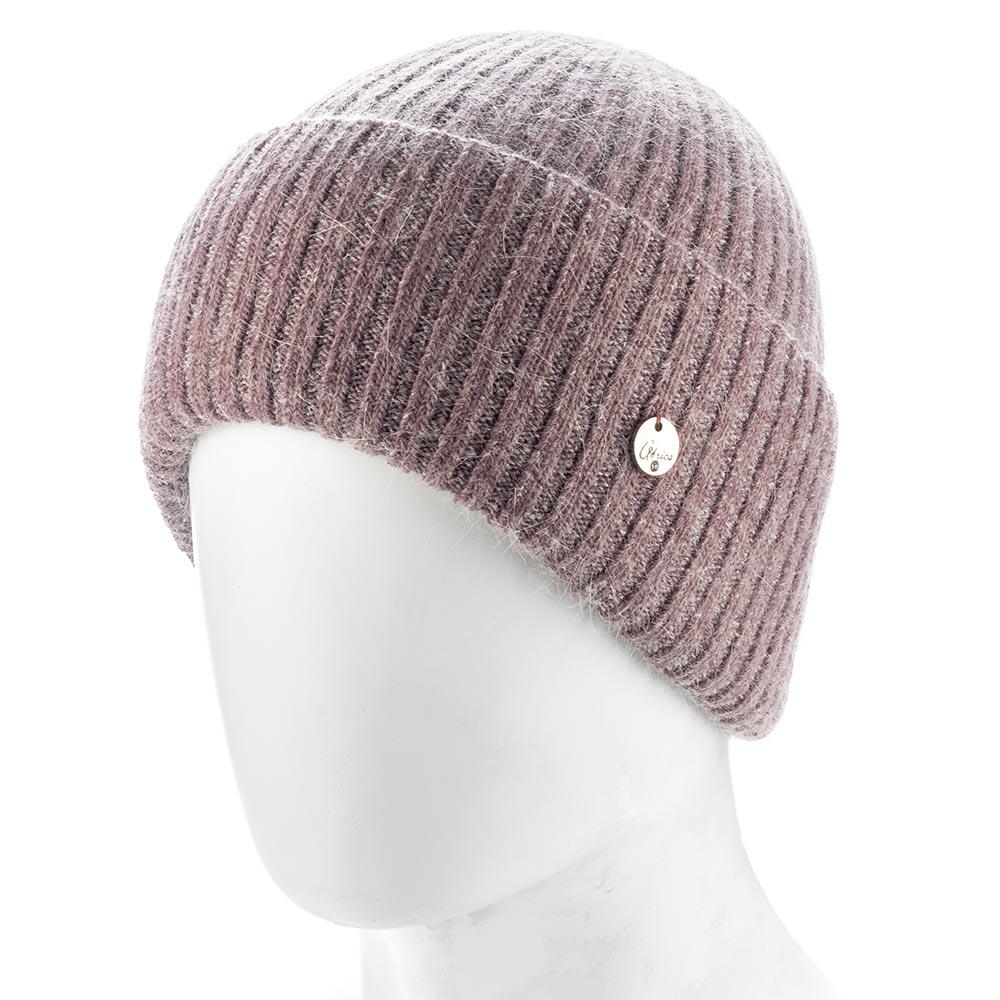 Шапка жіноча ангорова зимова Atrics WH895 в широкий рубчик з подвійним відворотом утеплена флісом Бузковий - фото 1