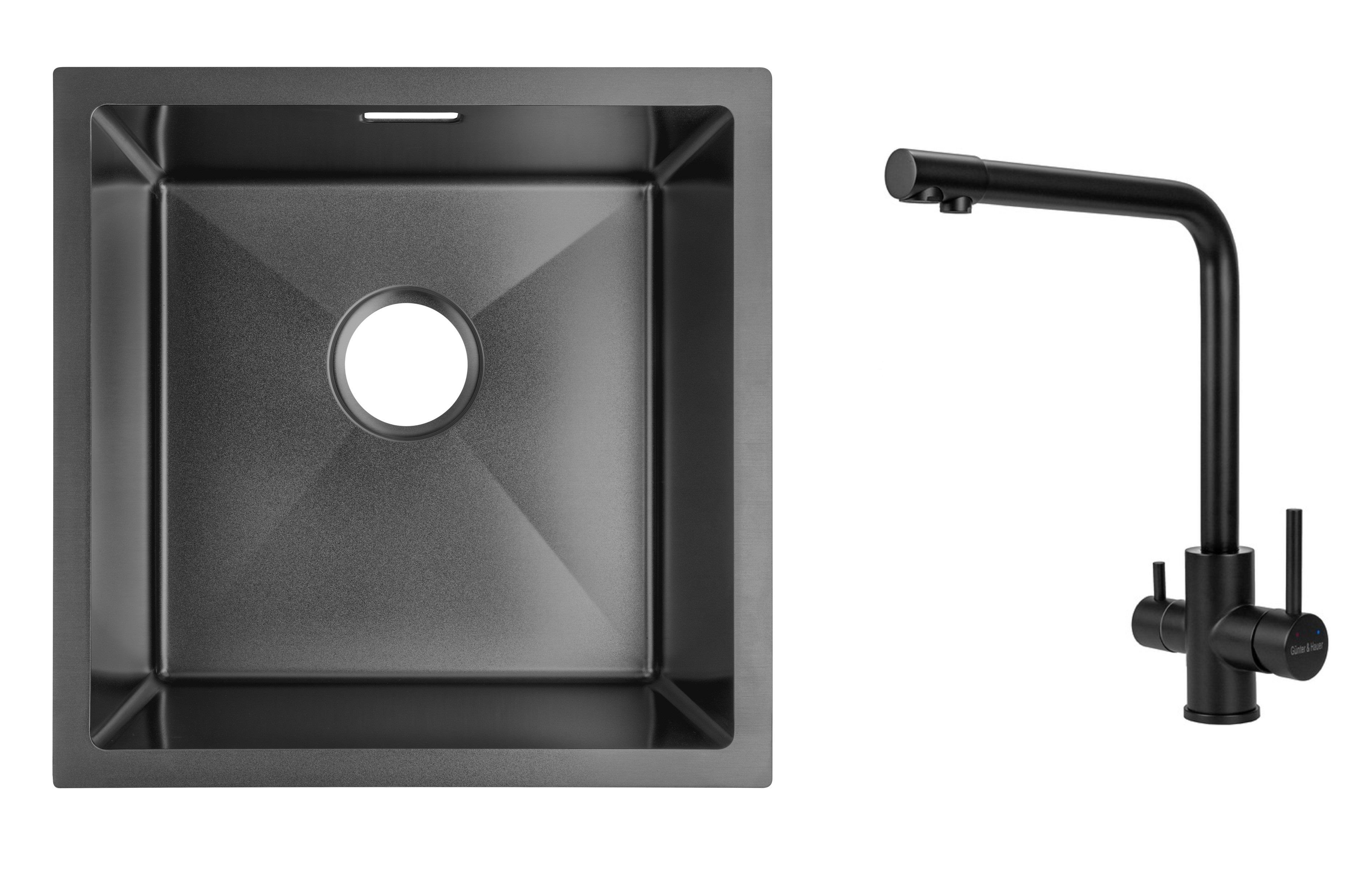 Комплект из кухонной мойки Gunter&Hauer Olef 4522 Black и кухонного смесителя Gunter&Hauer PERLE Black