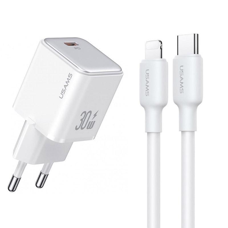 Зарядний пристрій мережевий Usams US-CC186 PD30W 1USB-C з кабелем Type-C to Lightning White (00000070769_1)