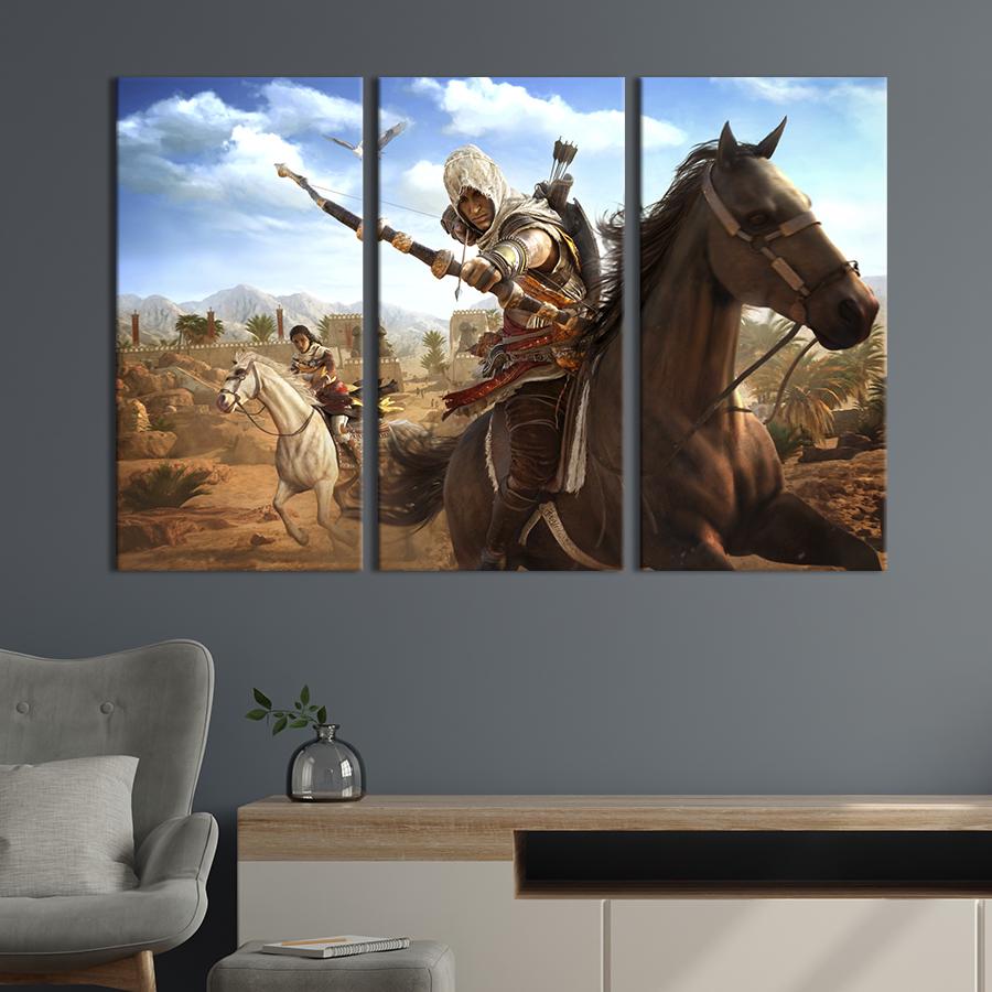 Картина на холсте триптих Байека из Сивы, Assassin’s Creed Истоки 128x81 см (1457-31)