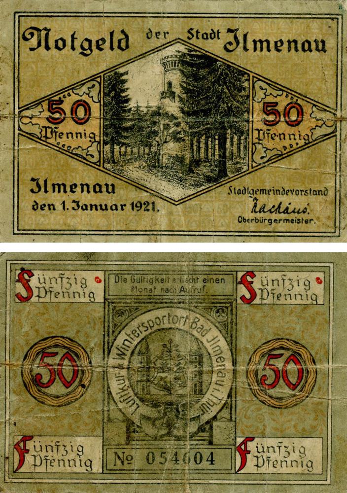 Коллекционная банкнота Германия Нотгельд 50 пфеннигов 1921 F-VF Ильменау Разновидность 1 (Б18667)