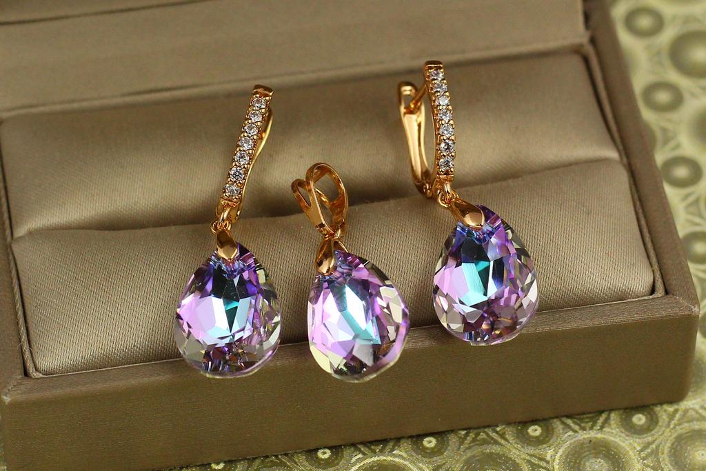 Набор Xuping Jewelry Большая капля с фиолетовым камнем Сваровски Золотистый (31951363)