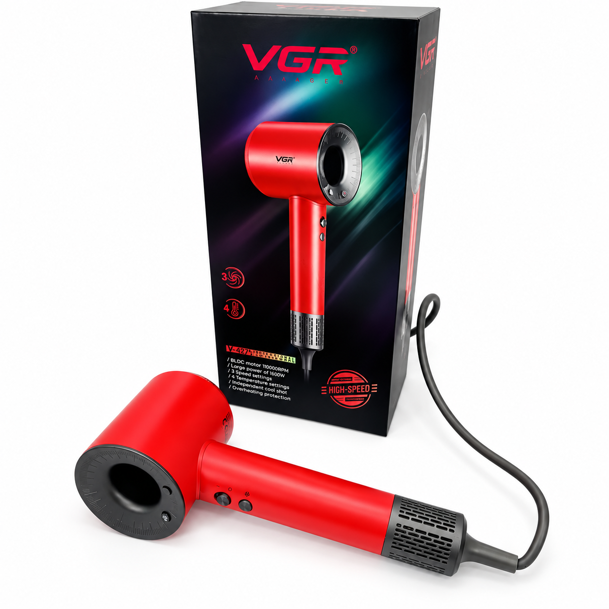 Фен VGR V-445 высокоскоростной 1600 Вт 4 температурные режимы холодный обдув Красный (ML-06845)