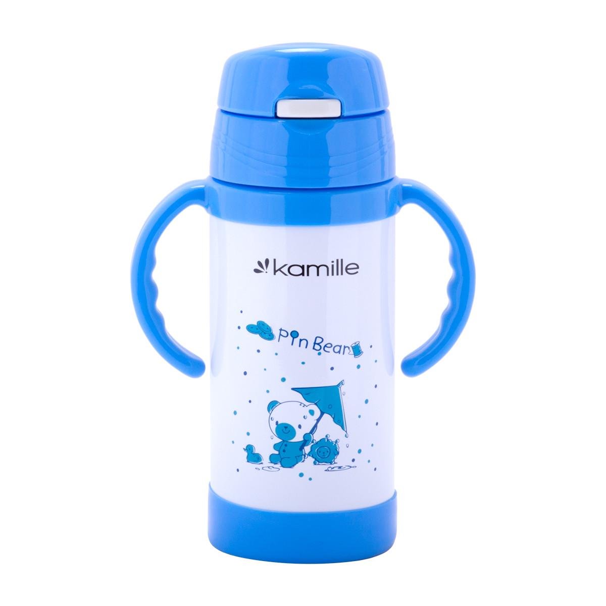 Термобутылка детская с двумя ручками и трубочкой для питья Kamille KM-2085 из нержавеющей стали 350 мл Синий (150-84-2085.2)