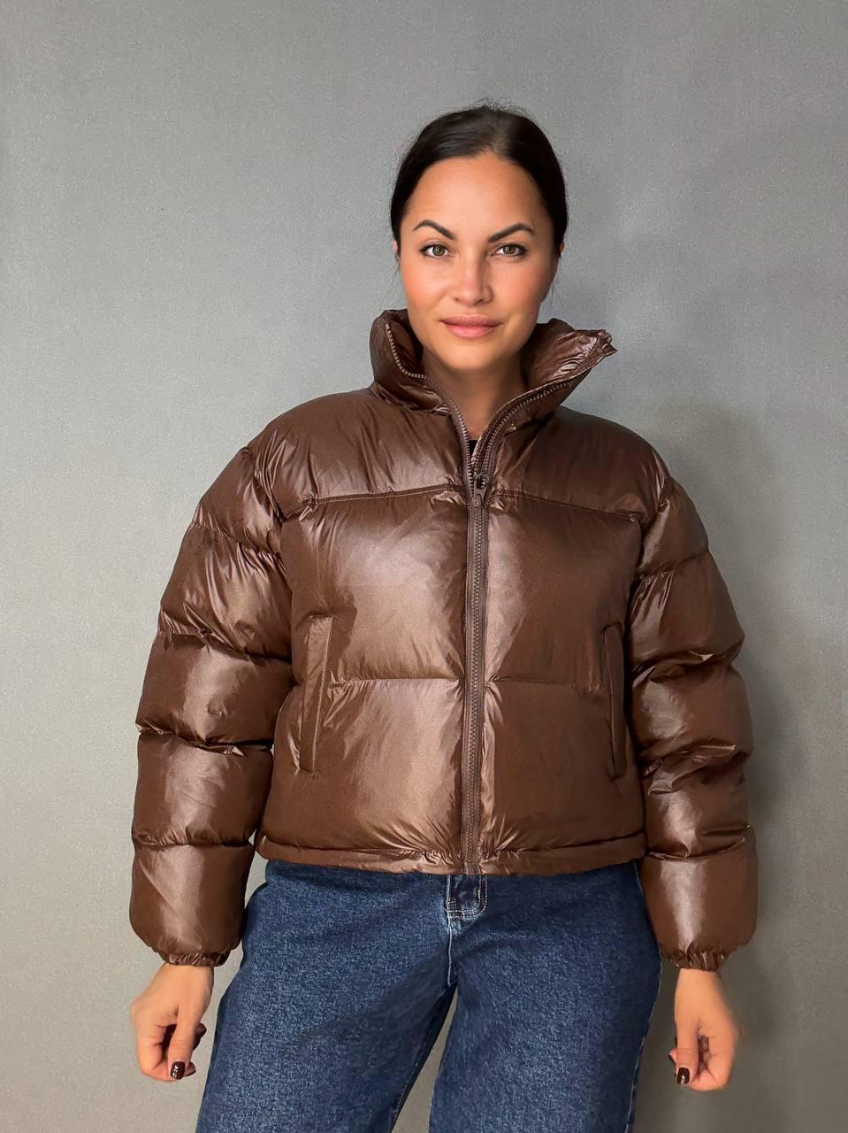 Куртка жіноча LADY YEP 10015 коротка глянцева пуффер р. 42 Коричневий (4889)
