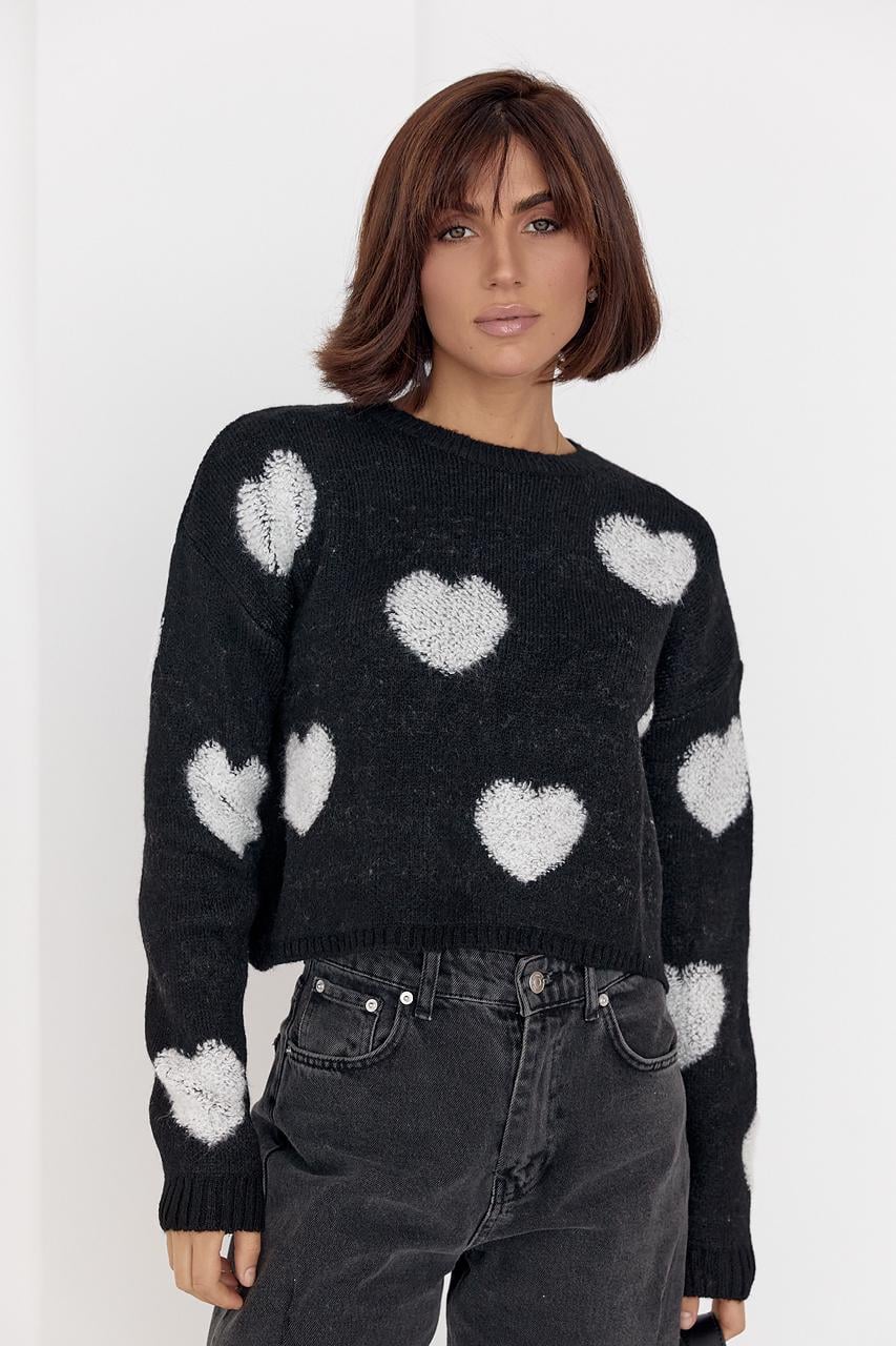 Светр жіночий в'язаний Сердечка oversize L Чорний (12313203)
