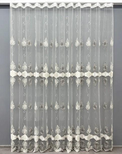 Тюль фатин Kort с вышивкой/люрексом Молочный/Венге (1617т)