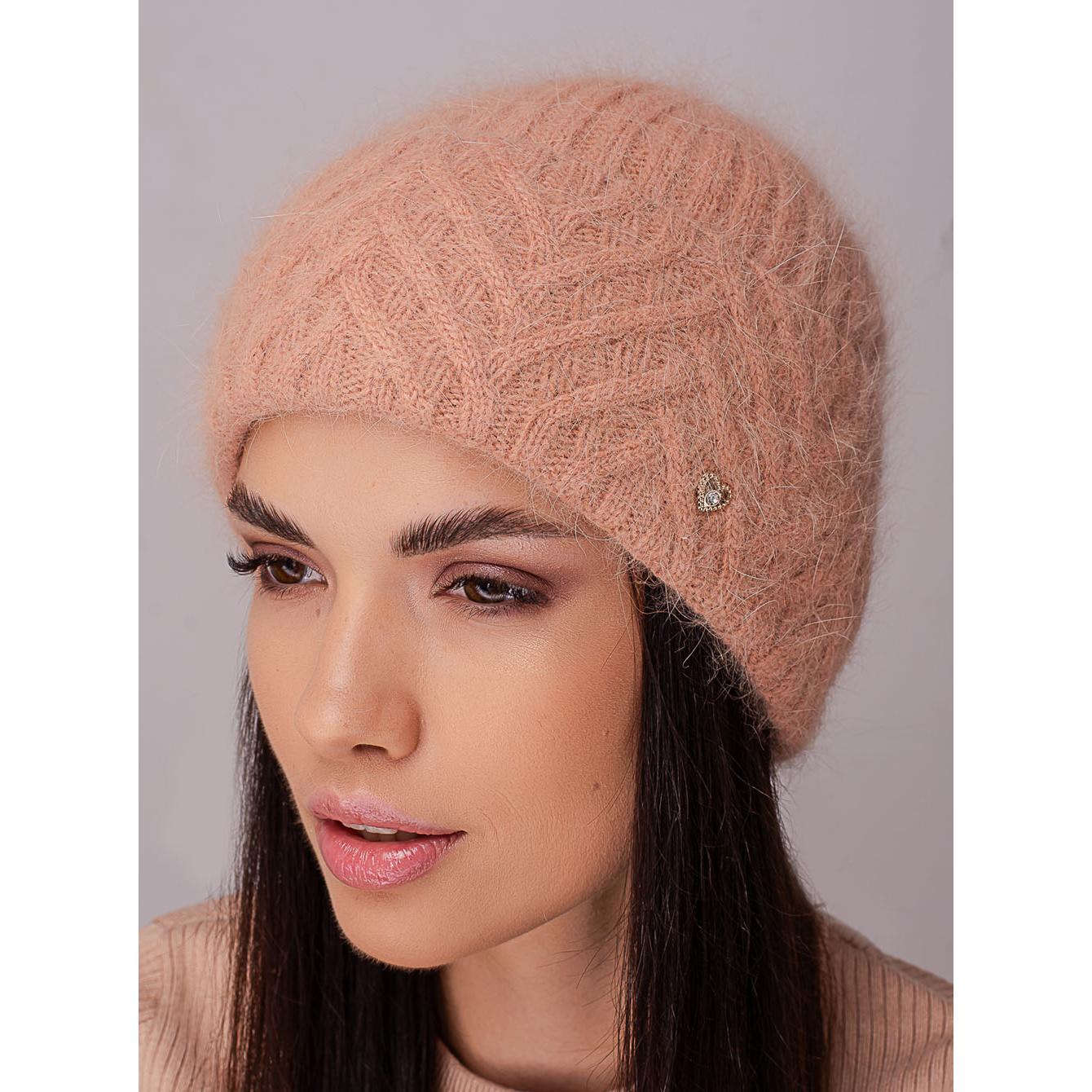 Шапка женская ангоровая утепленная флисом Leks Мадонна с узором на отвороте Ореховый - фото 1