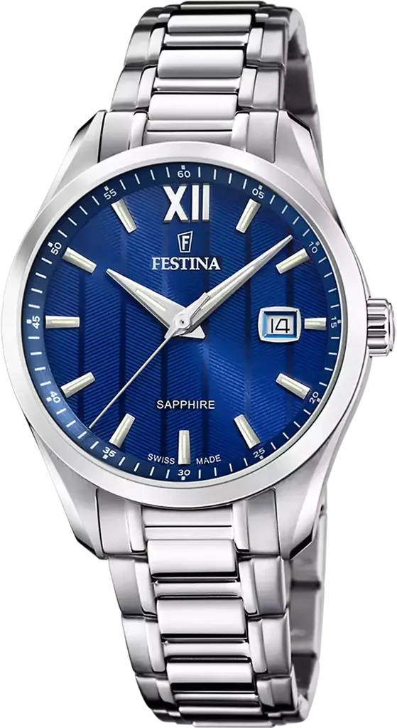 Наручний годинник чоловічий Festina F20026/2 Classics Swiss Made з сталевим корпусом/сапфіровим склом WR 50 м та синім циферблатом