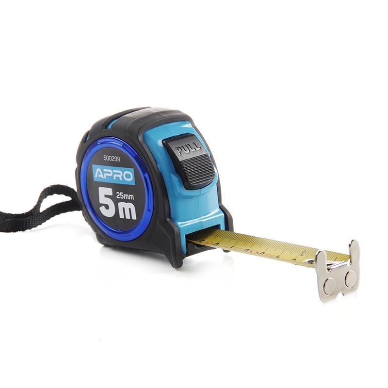 Рулетка магнітна обрезинена автостоп Apro подвійний зачіп 5 м х 25 мм (500299)