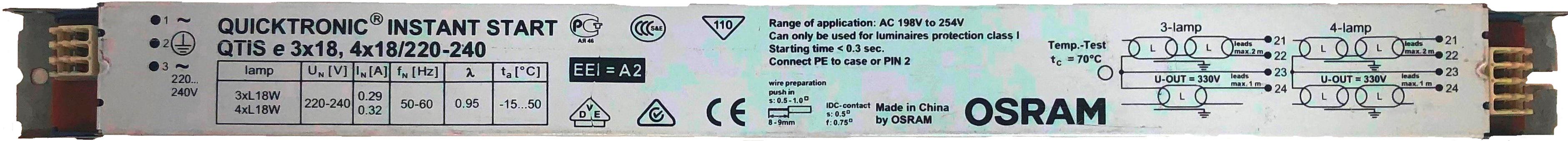 Баласт електронний ЕПРА для люмінесцентних ламп QUICTRONIC INSTANT START OSRAM QTIS e 3х18 4х18/220-240