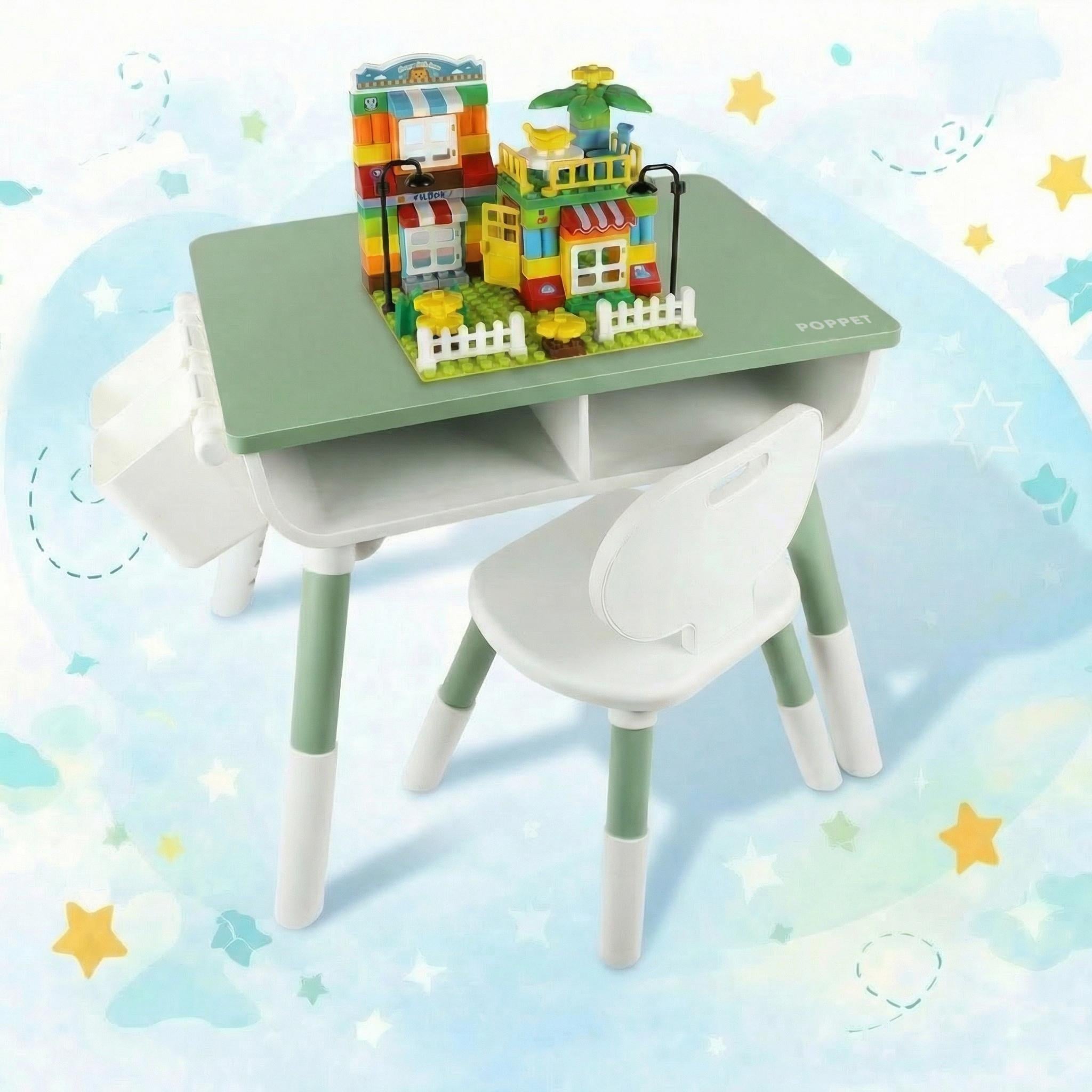 Столик детский со стульчиком Poppet Мультивуд 3в1 и конструктор Дом мечты Зеленый (PP-SET-010GN-03)