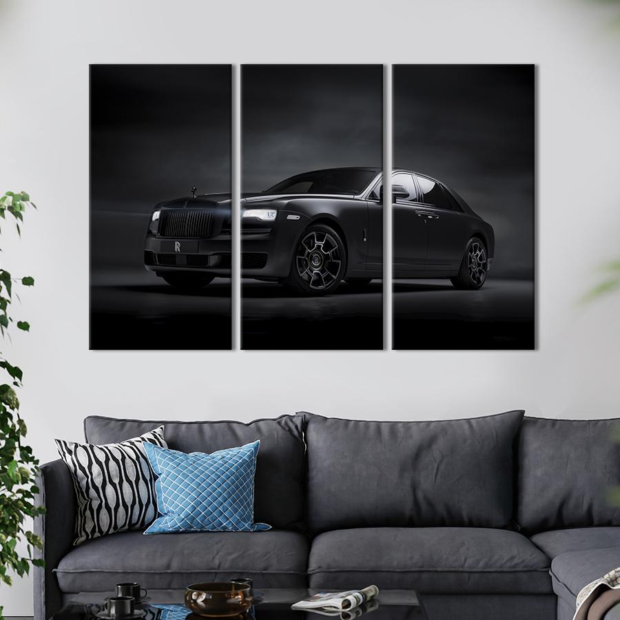 Картина на холсте триптих Чёрное авто Роллс-Ройс Призрак 128x81 см (1393-31)