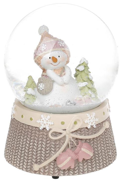 Декоративный водяной шар Снеговичок с розовыми рукавицами 14,5 см музыкальный (BD-559-423)