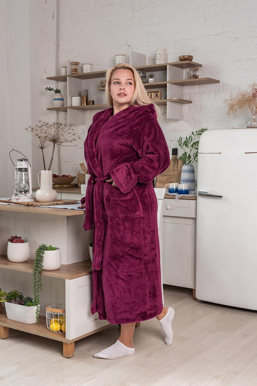 Халат женский махровый с капюшоном M Бордовый (23593989) - фото 2 Халат женский махровый с капюшоном M Бордовый (23593989) - фото 2