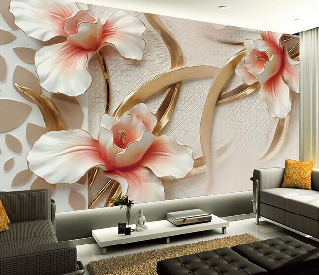 Фотообои 3D флизелиновые цветочные для спальни/зала/кухни Цветы с золотом
